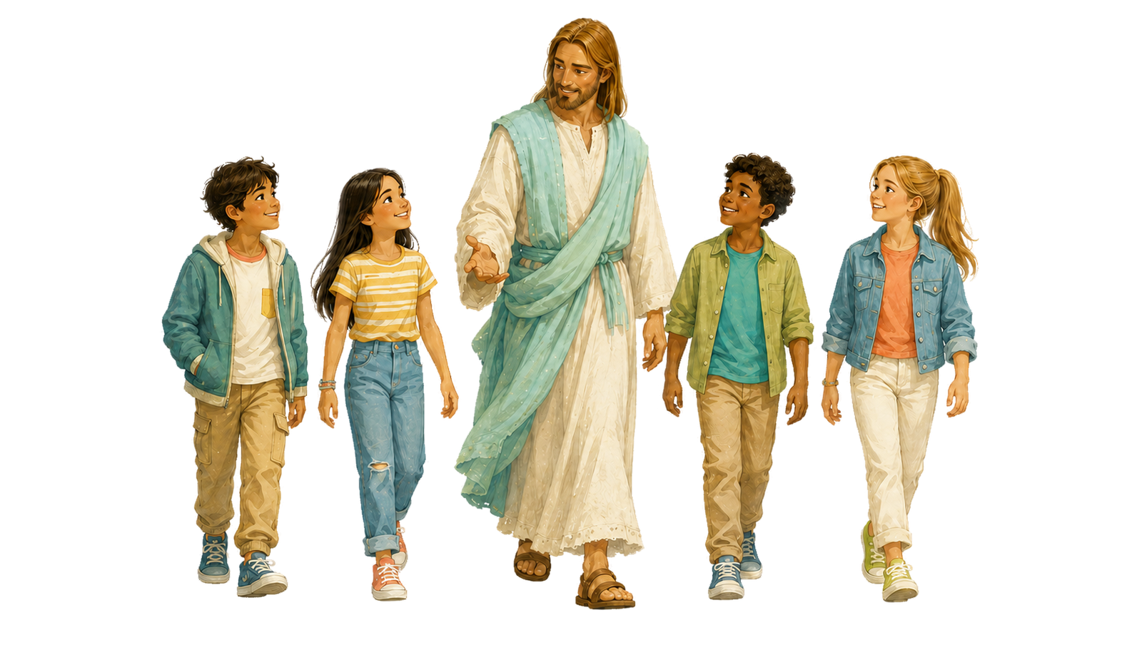 Jesús camina junto a cuatro niños